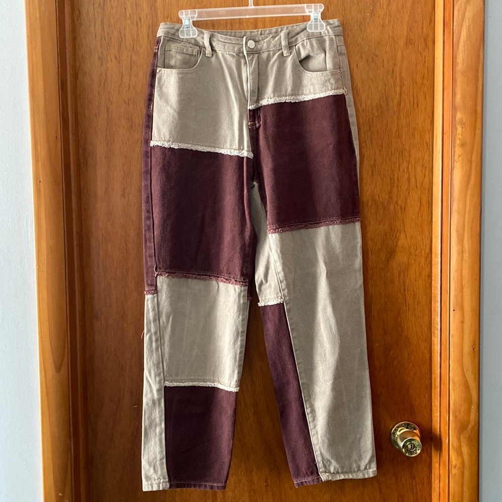 Shein Tan & Red Patchwork Pants - image 1